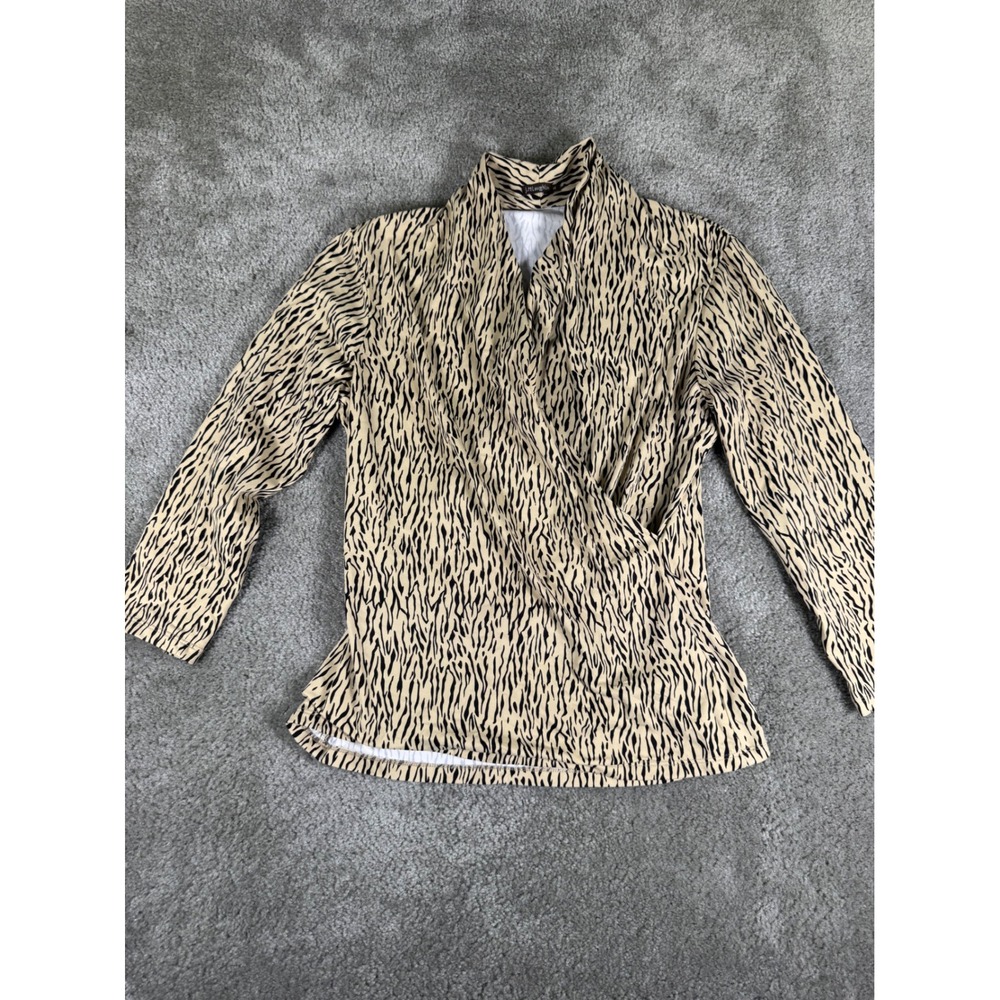 J.McLaughlin Women Tan Black Tiger Print Wrap Front Shawl Collar Top Size M